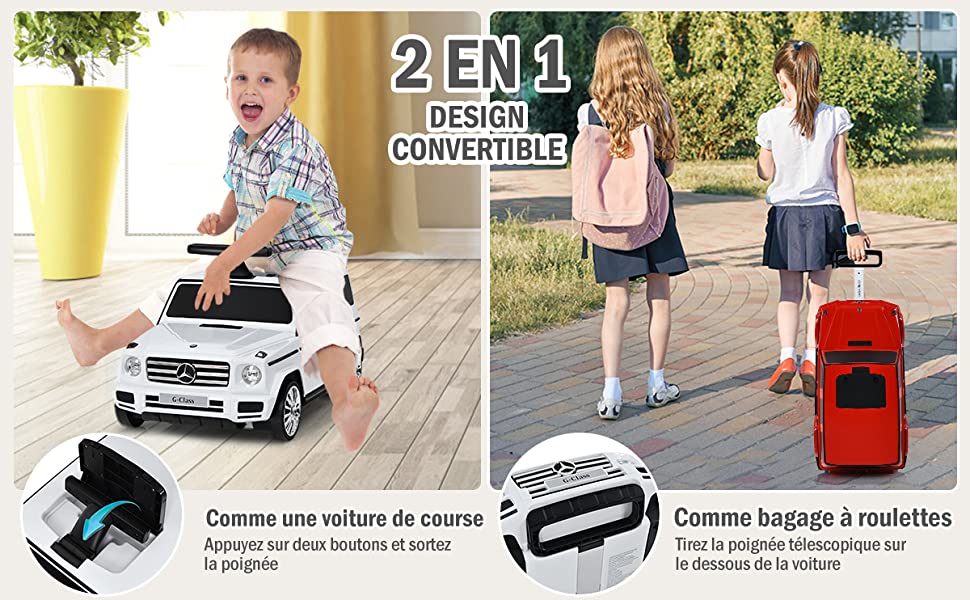 Valise Enfant 6 Roulettes en Forme Voiture Mercedes Benz Bagage pour Voyage 2-6 Ans 60 x 31 x 26 CM (L x l x H) Blanc