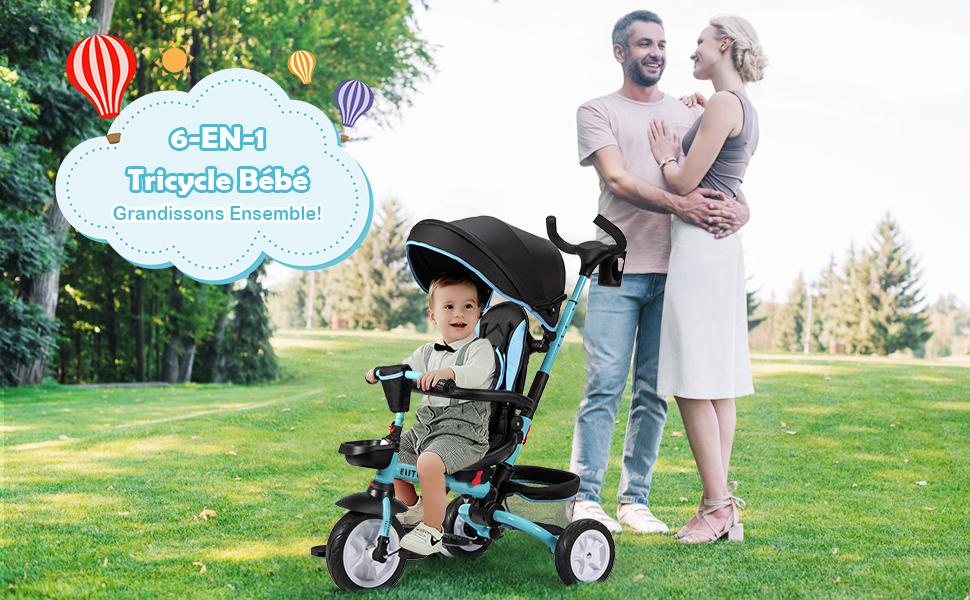Evoluerende driewieler voor kinderen 6 in 1 360° draaibaar zitje met regenhoes voor baby's van 12 tot 50 maanden zwart en blauw