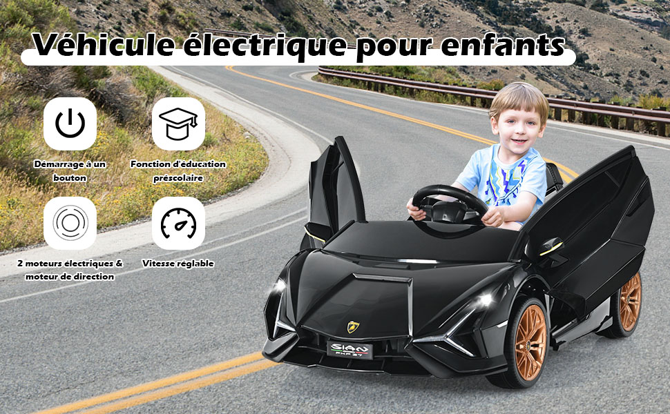  Voiture de Sport Electrique 12V pour Enfants 3-8Ans 2 Portes Papillons Effets Sonores et Lumineux 108x64x41cm Noir