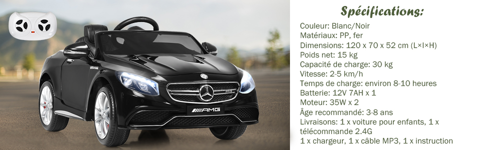 Voiture électrique pour Enfants 12V Mercedes Benz AMG avec Télécommande  2,4G, Véhicules électriques 2 portes avec MP3, Klaxon, Feux LED et ceinture  de sécurité pour Enfants à Partir de 3 ans,Blanc 